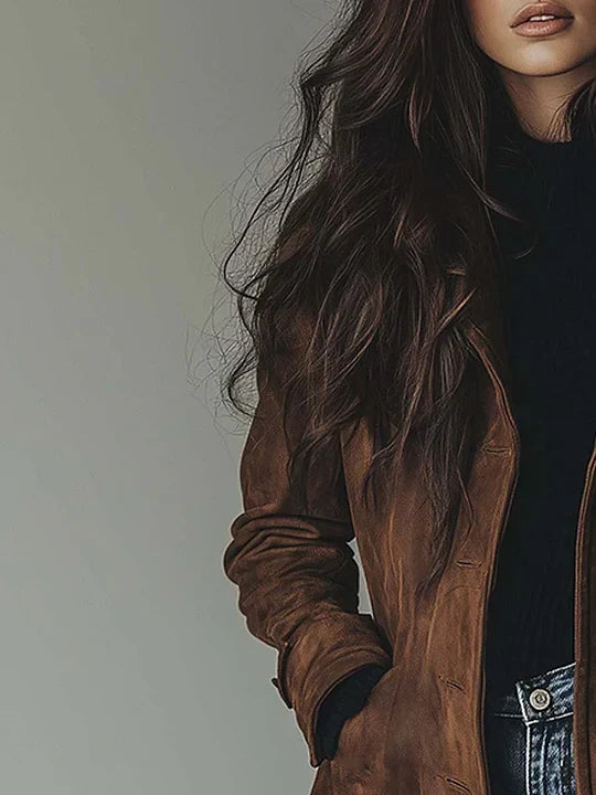 Brun trenchcoat til dame set fra siden