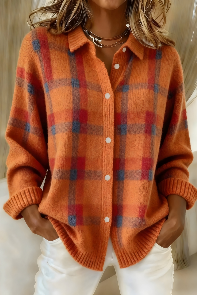 Orange ternet cardigan med krave og knapper til dame