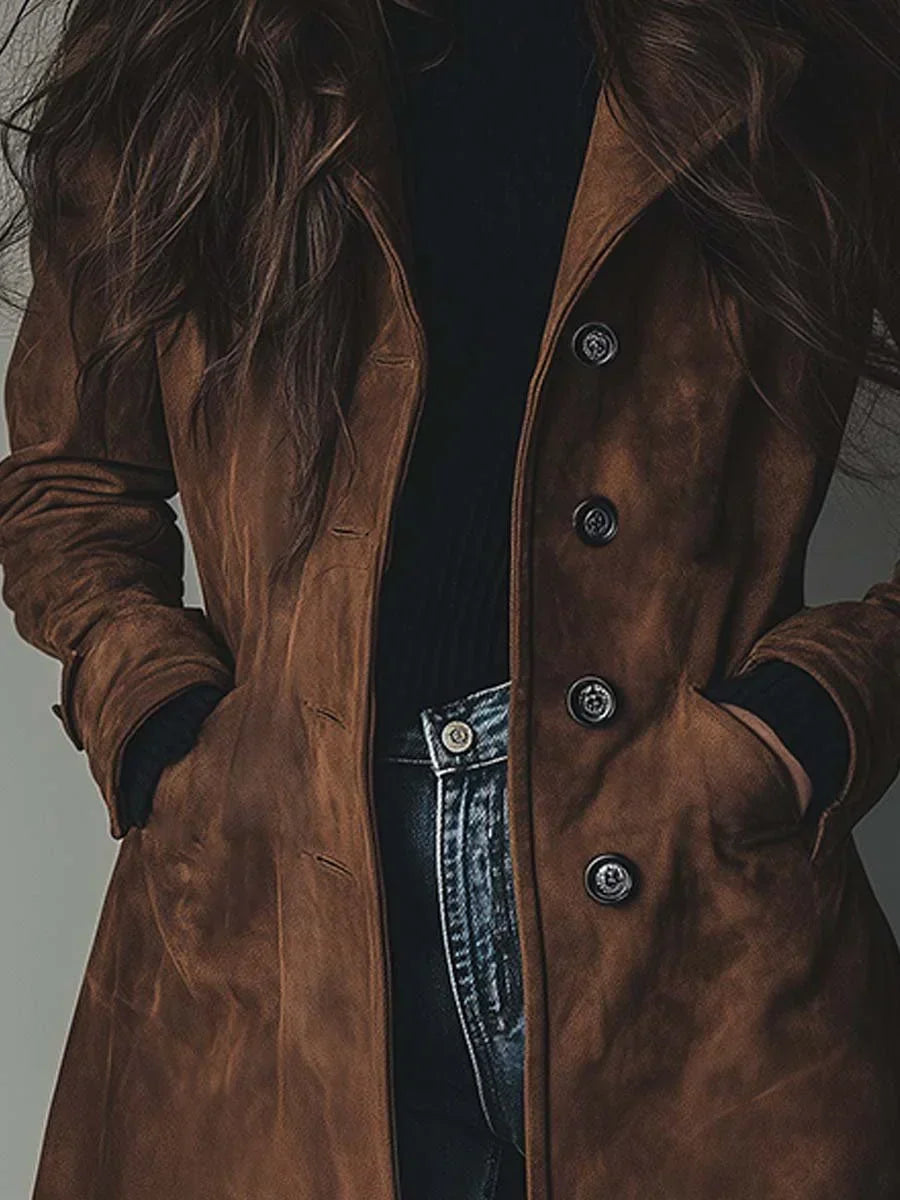 Brun vintage trenchcoat med reverskrave, tæt på