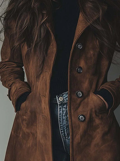Brun vintage trenchcoat med reverskrave, tæt på