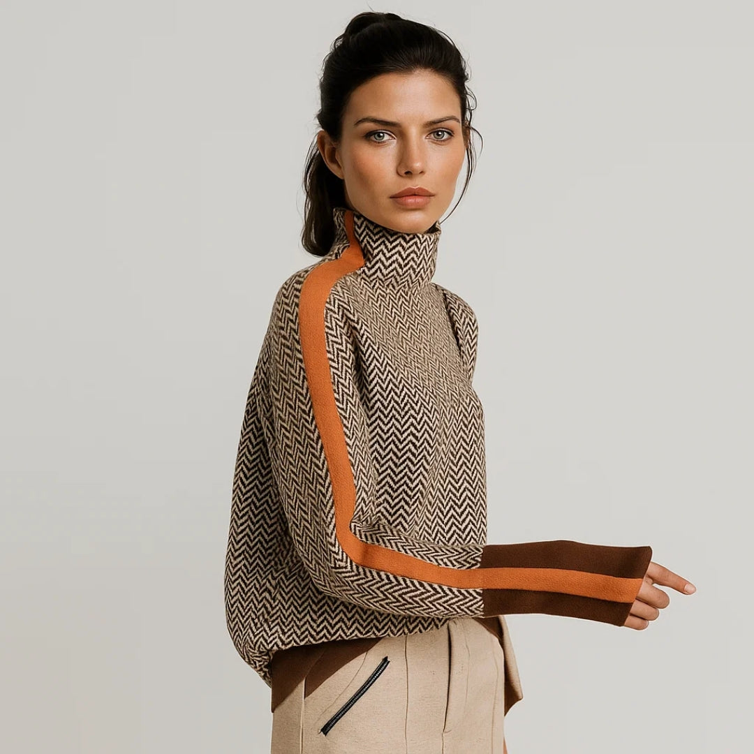 Orange rullekravesweater med striber til dame