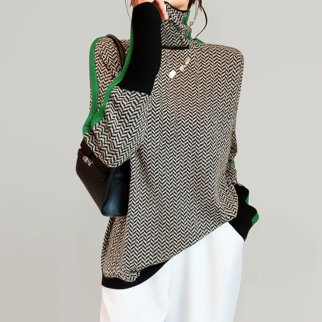 Grøn rullekravesweater med striber til dame
