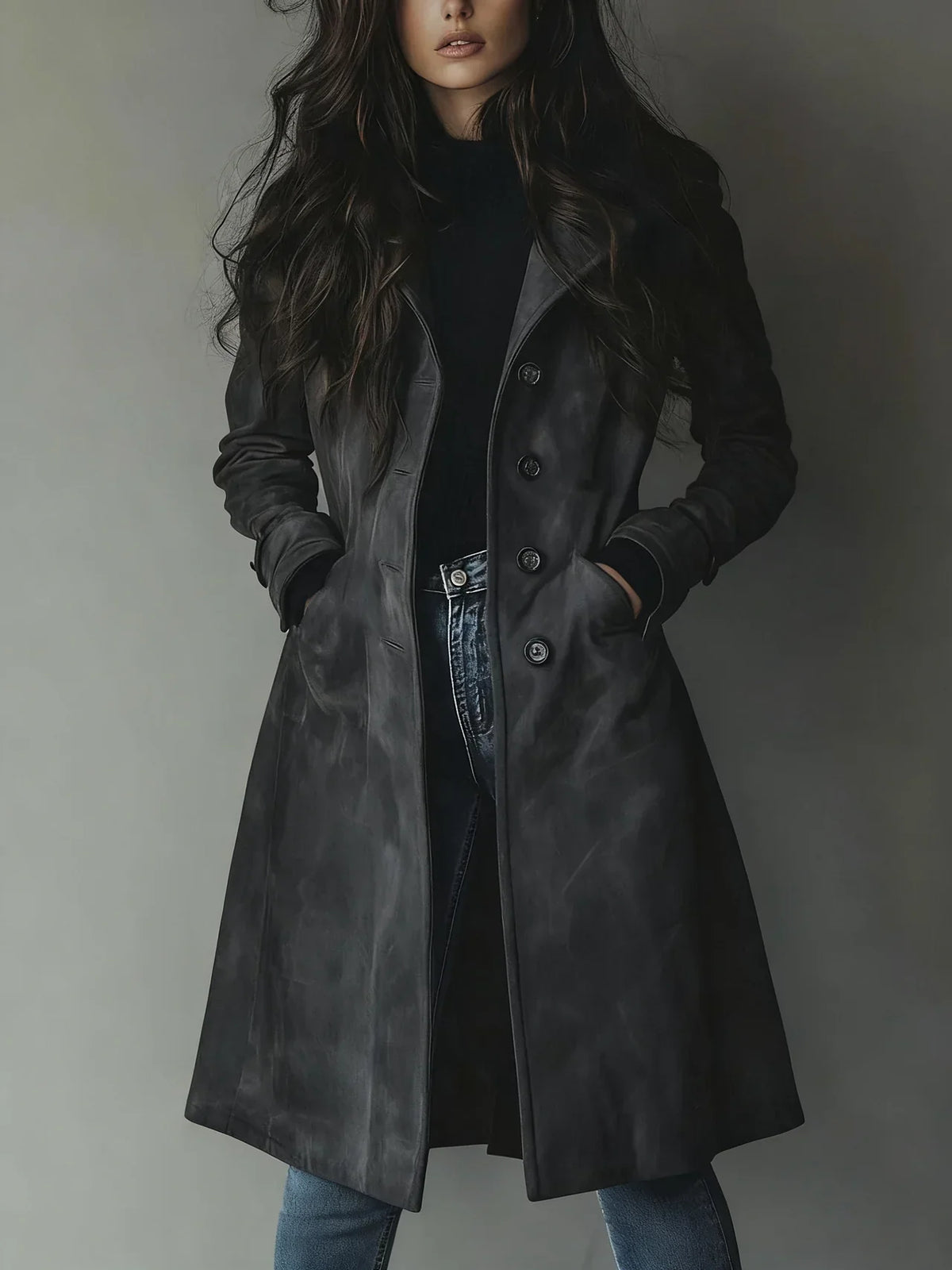 Mørkegrå vintage trenchcoat til dame med knapper