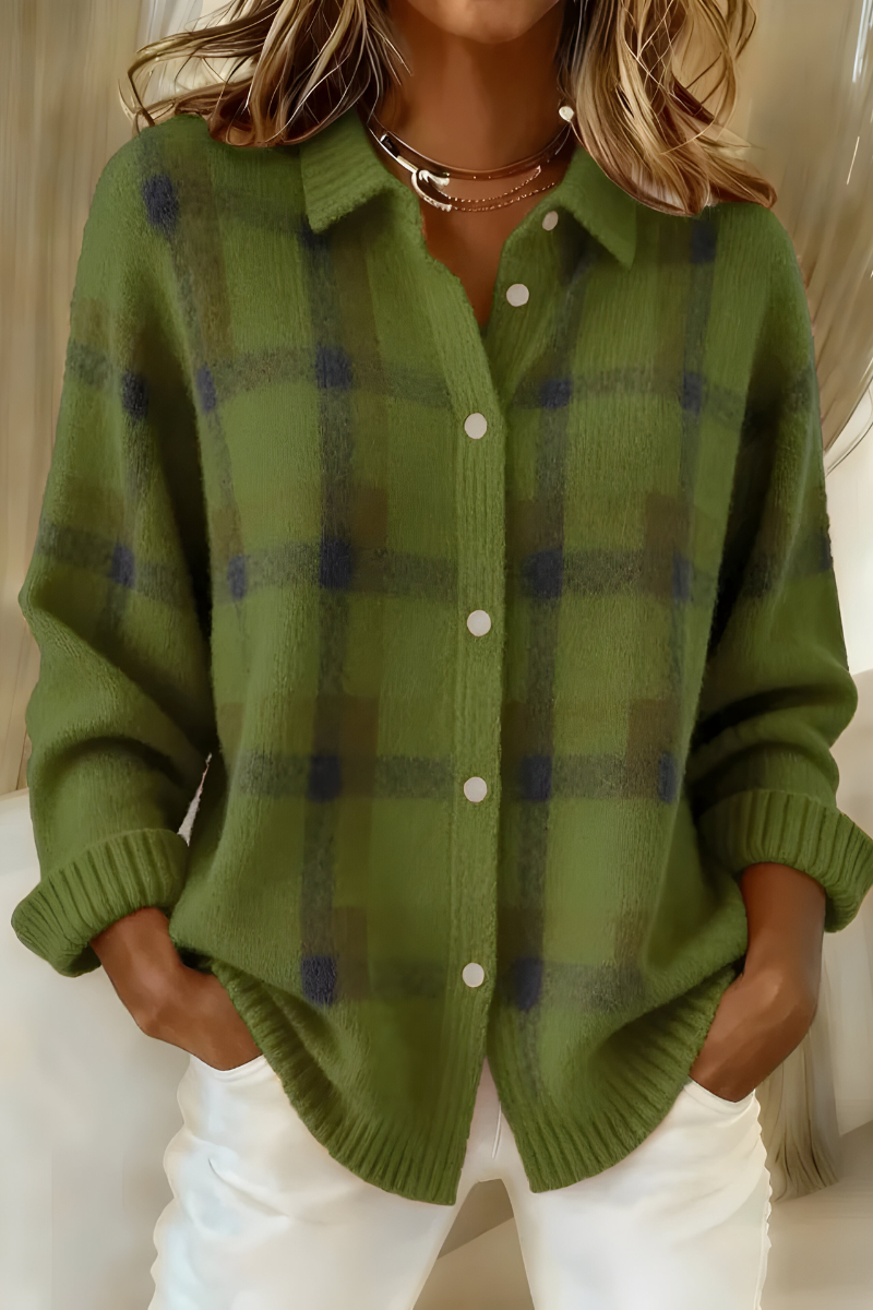Grøn ternet cardigan med knapper til dame