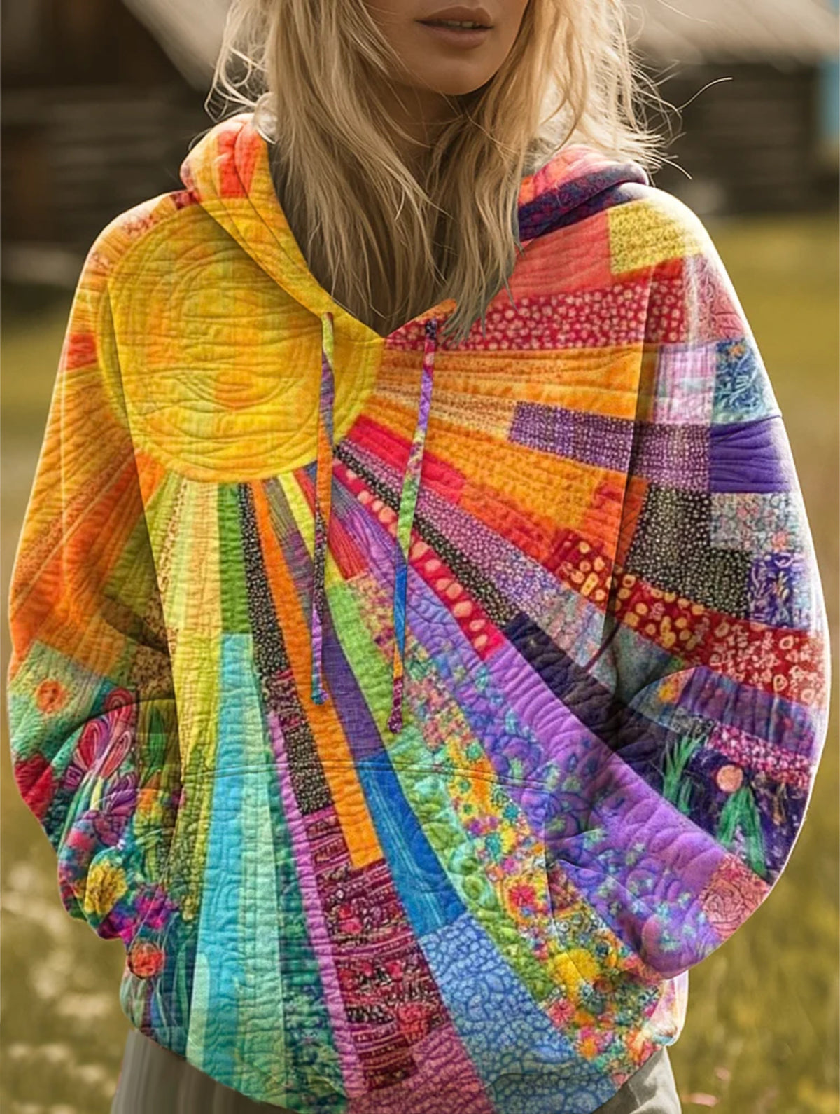 Multifarvet hoodie med patchworkmønster til dame