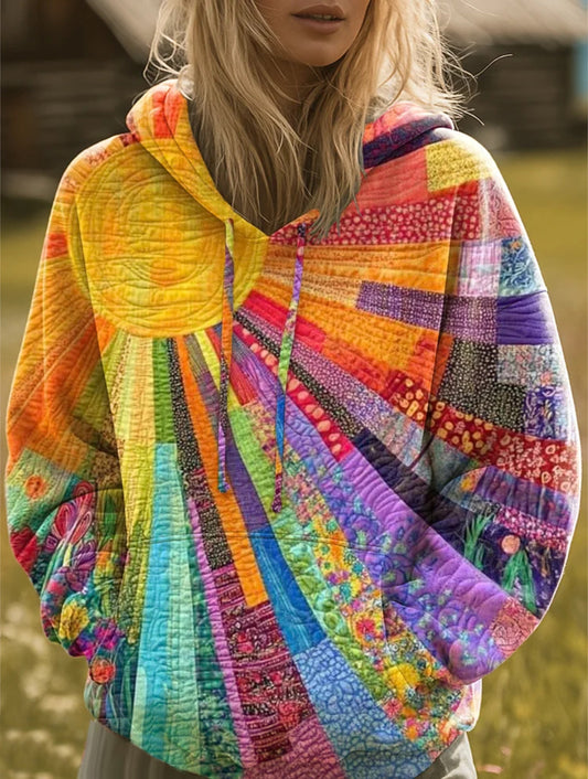 Multifarvet hoodie med patchworkmønster til dame