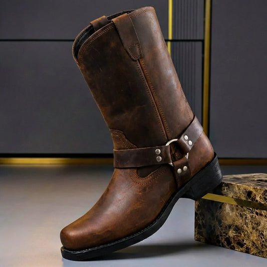 Harness boots med metalring og firkantet snude i cognac