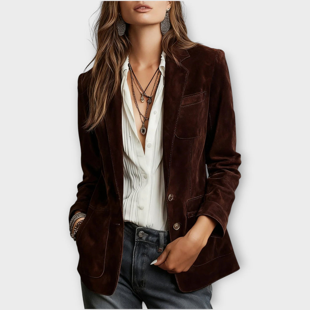 Mørkebrun blazer med knapper til dame