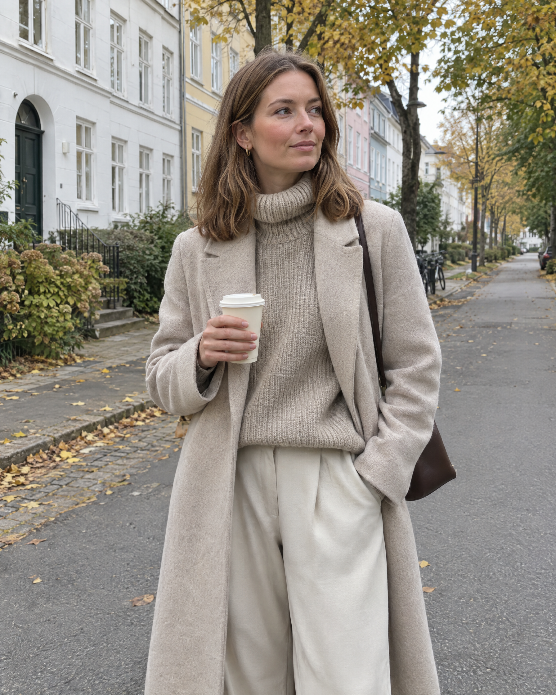 Kvinde i lang frakke og rullekravesweater på Østerbro i København