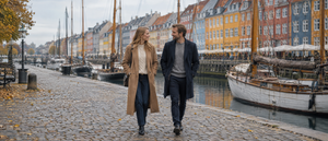 Kvinde og mand i efterårsfrakker og strik på Nyhavn i København