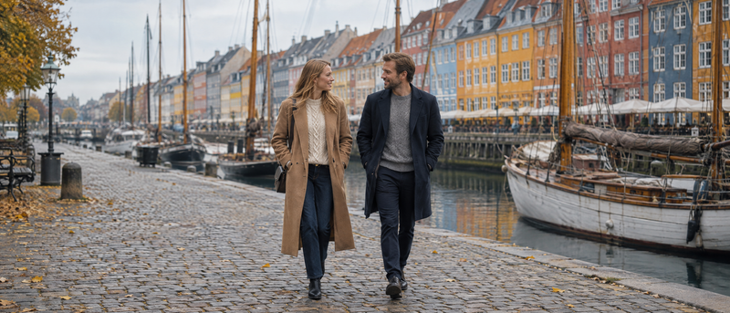 Kvinde og mand i efterårsfrakker og strik på Nyhavn i København