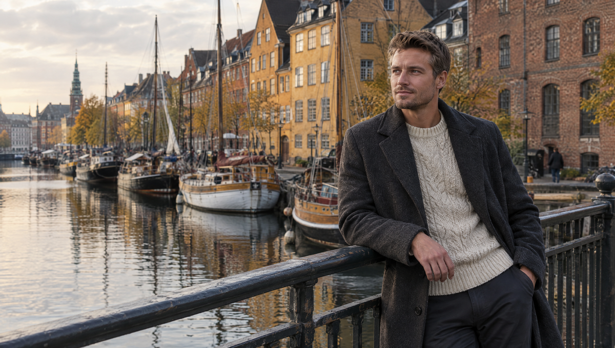 Mand i frakke og strikket sweater ved kanalen på Christianshavn