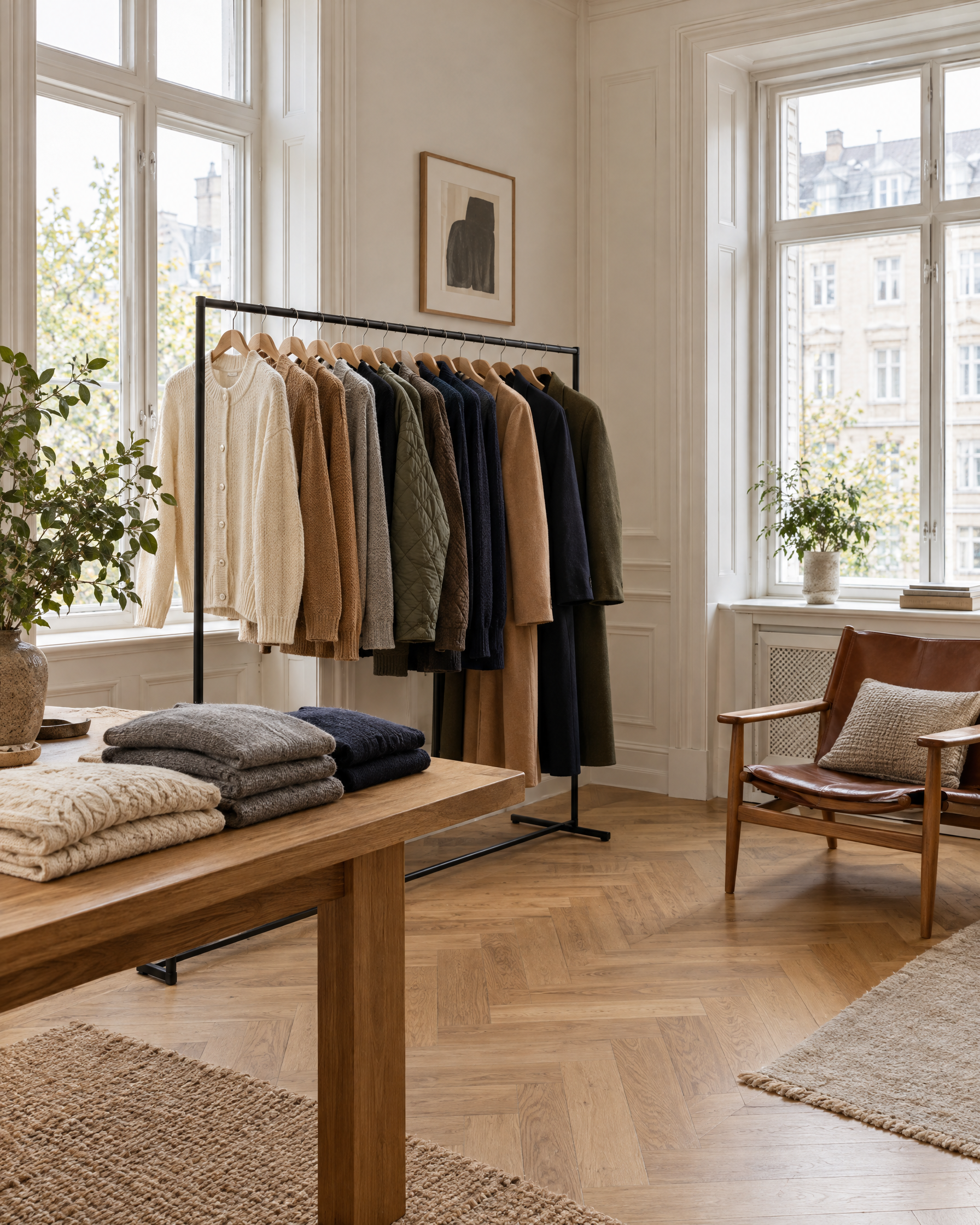 Tøjstativ med cardigans, sweatre, jakker og frakker i en lys lejlighed