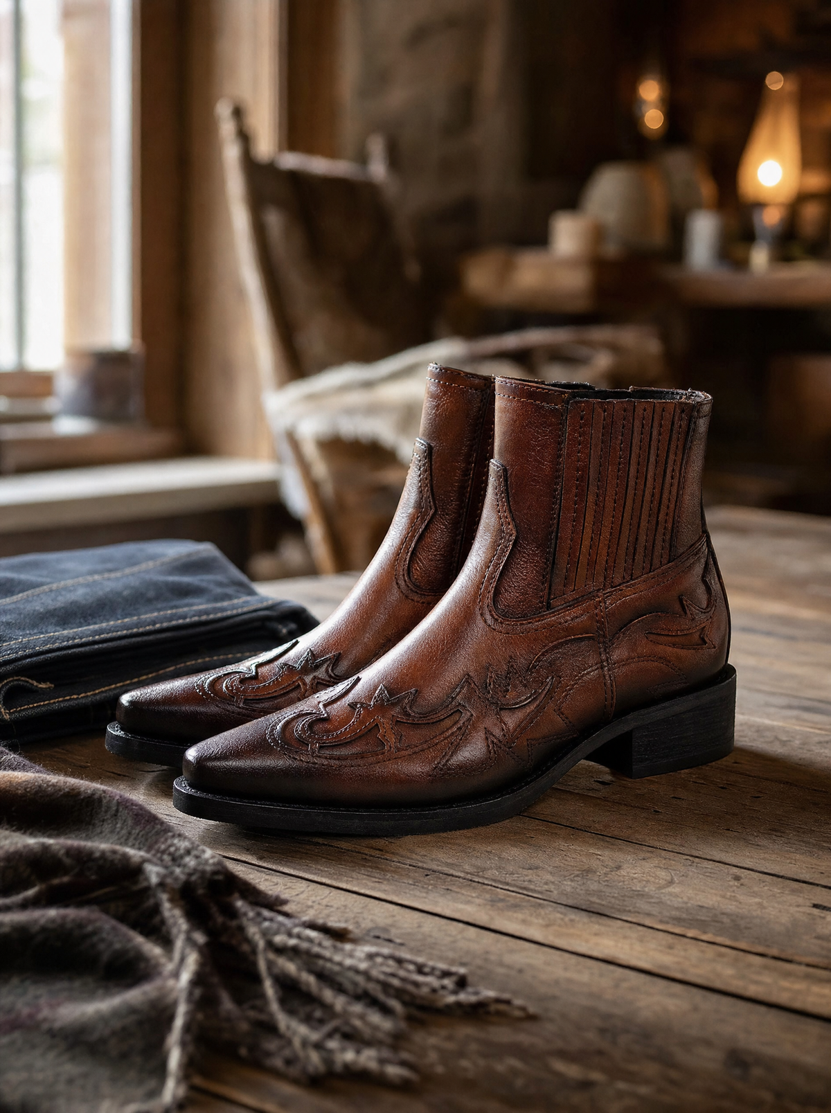 Cognac western chelsea boots til herre sammen med jeans og halstørklæde
