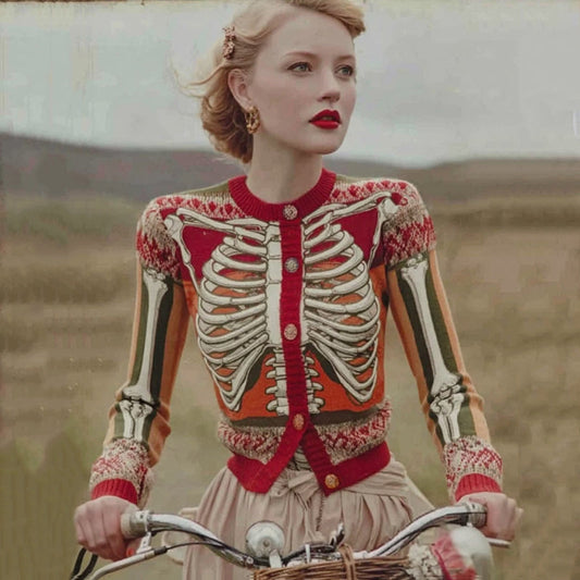 Multifarvet halloween cardigan med skeletmotiv til dame