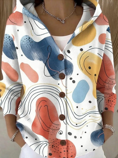 Beige cardigan med hætte og abstrakt print til dame