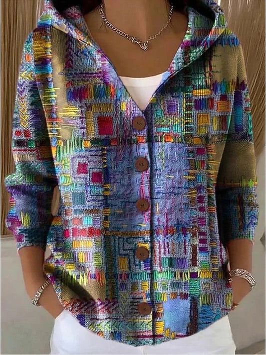 Lilla cardigan med hætte og farverigt print til dame