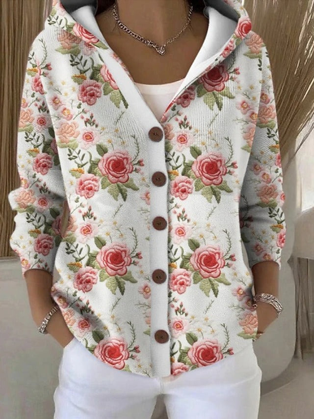 Rosa cardigan med hætte og roseprint til dame