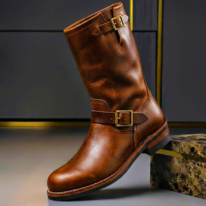 Engineer boots med 2 spænderemme og slidt look i cognac