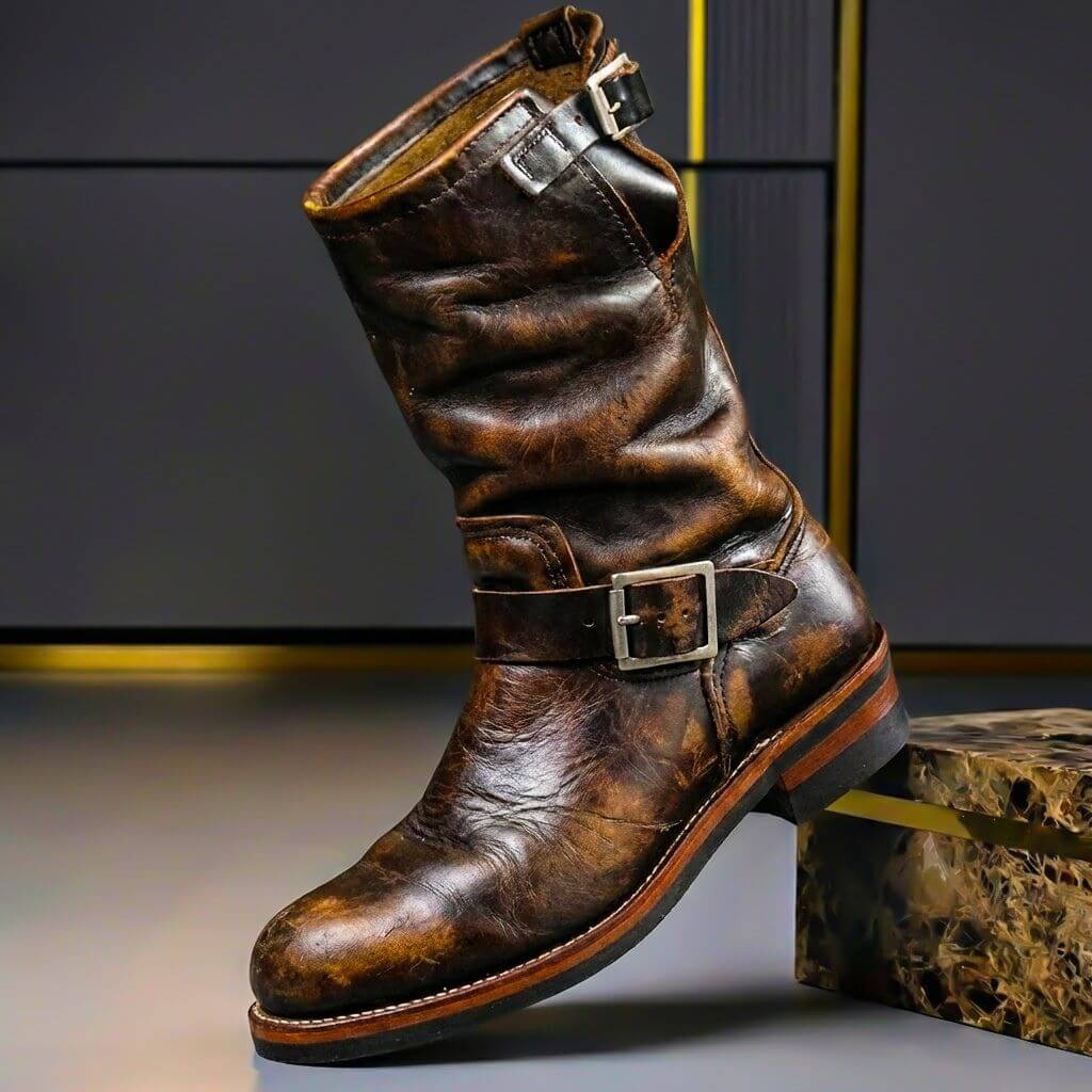 Engineer boots med 2 spænderemme og slidt look i retrobrun